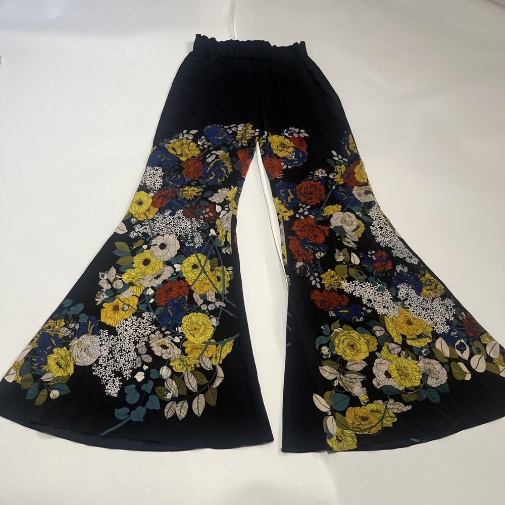 Sz 1 Sandro Paris Women's Bell Bottoms Flared Printed 100% Silk Floral Pants - Picture 2 of 15